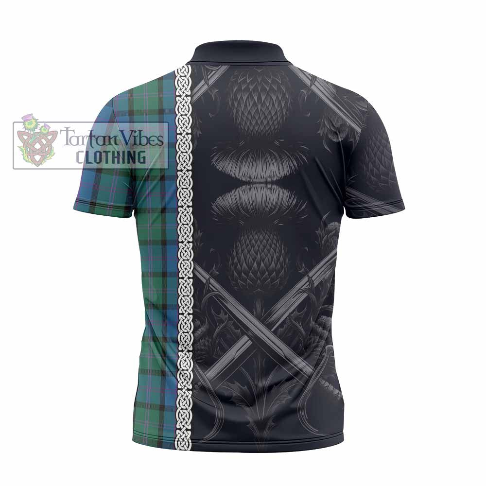 MacThomas (McThomas) Tartan Zipper Polo Shirt with Family Crest Cross Sword Thistle Celtic Vibes - Tartan Vibes Clothing