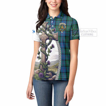 MacThomas (McThomas) Tartan Women's Polo Shirt with Family Crest and St. Andrew's Cross Accented by Thistle Vines - Tartan Vibes Clothing