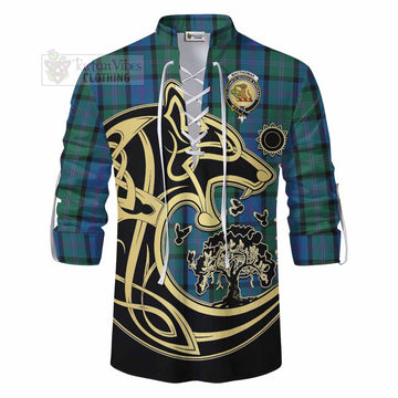 MacThomas (McThomas) Tartan Ghillie Kilt Shirt with Family Crest Celtic Wolf Style - Tartan Vibes Clothing