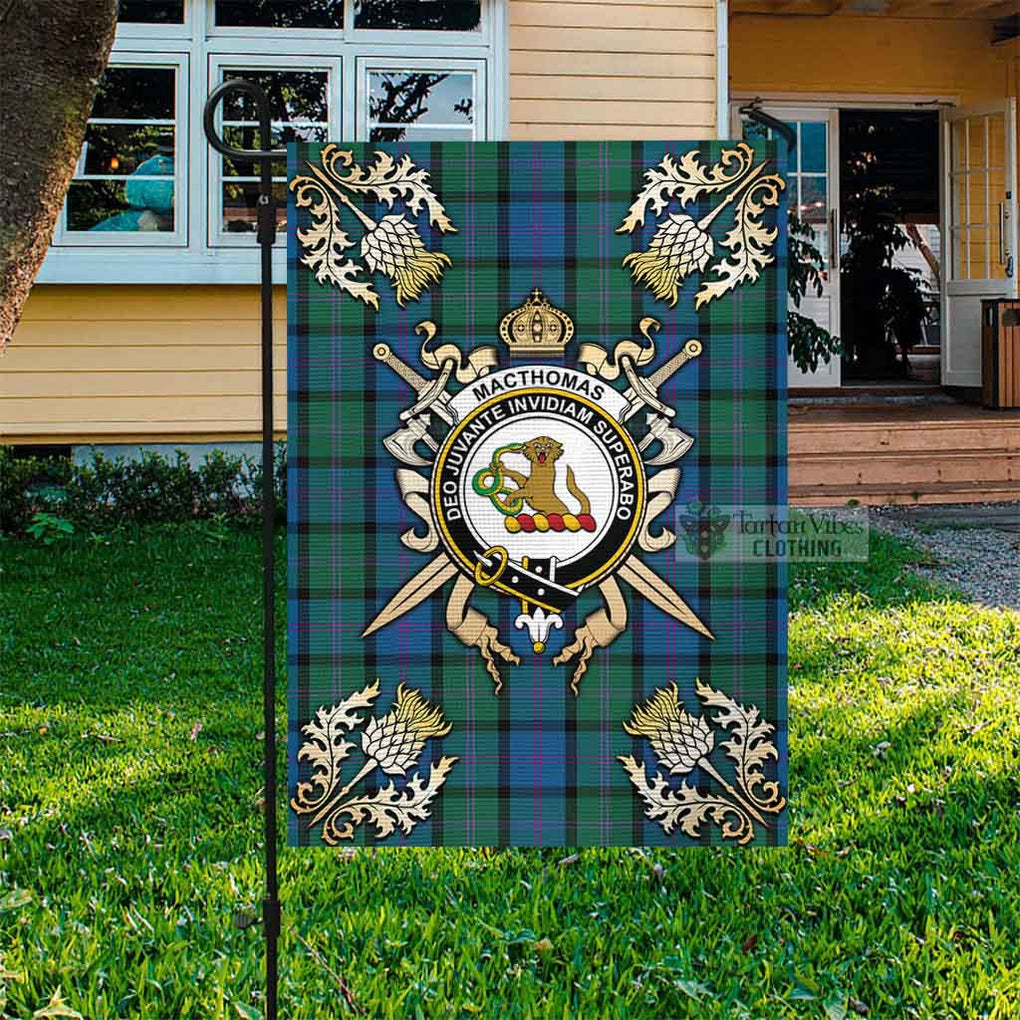 Tartan Vibes Clothing MacThomas (McThomas) Tartan Flag with Family Crest and Golden Thistle Crossed Sword Design