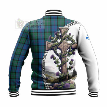 MacThomas (McThomas) Tartan Baseball Jacket with Family Crest and St. Andrew's Cross Accented by Thistle Vines