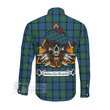 MacThomas (McThomas) Tartan Long Sleeve Button Shirt with Family Crest and Bearded Skull Holding Bottles of Whiskey Men's Shirt - Tartan Vibes Clothing