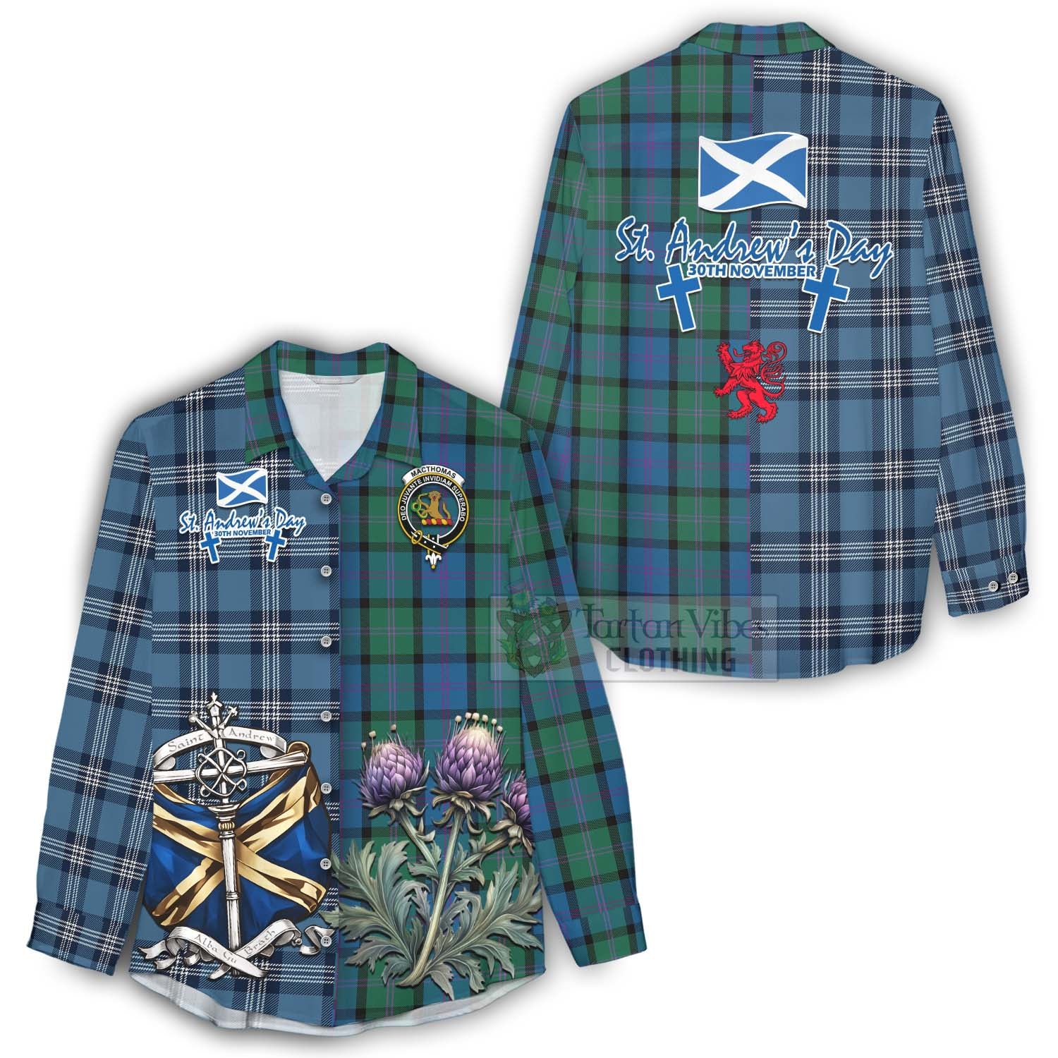 MacThomas (McThomas) Tartan Women's Casual Shirt Happy St. Andrew's Day Half Tartan Style - Tartan Vibes Clothing