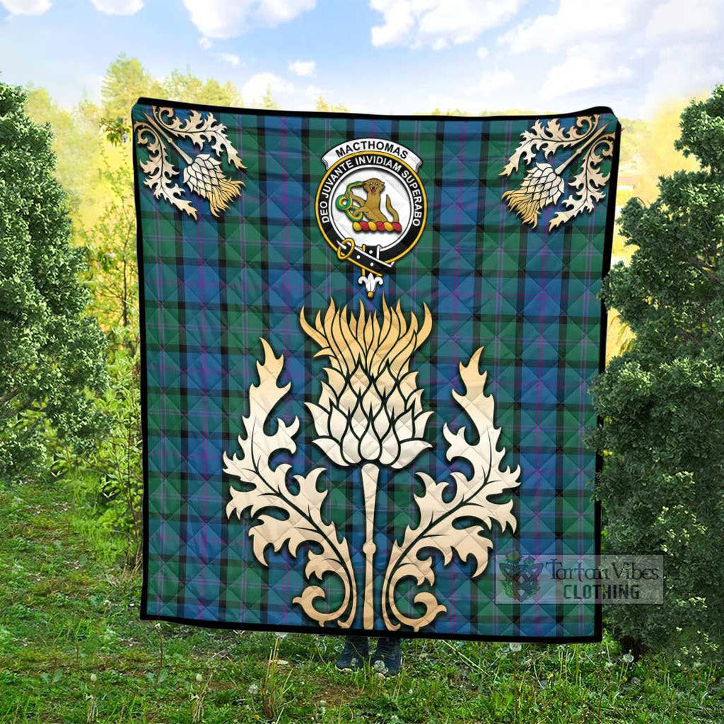 Tartan Vibes Clothing MacThomas (McThomas) Tartan Quilt with Family Crest and Golden Thistle Style