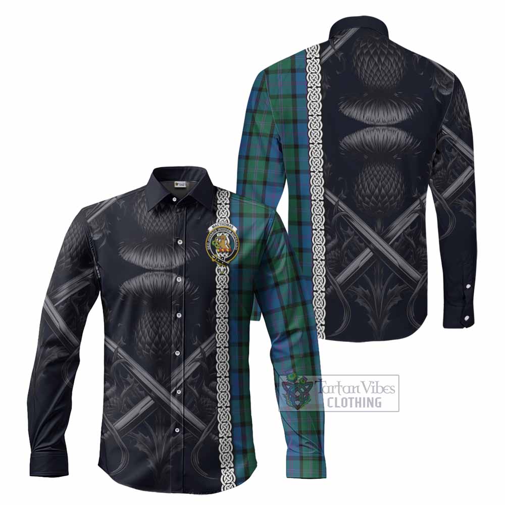 Tartan Vibes Clothing MacThomas (McThomas) Tartan Long Sleeve Button Shirt with Family Crest Cross Sword Thistle Celtic Vibes