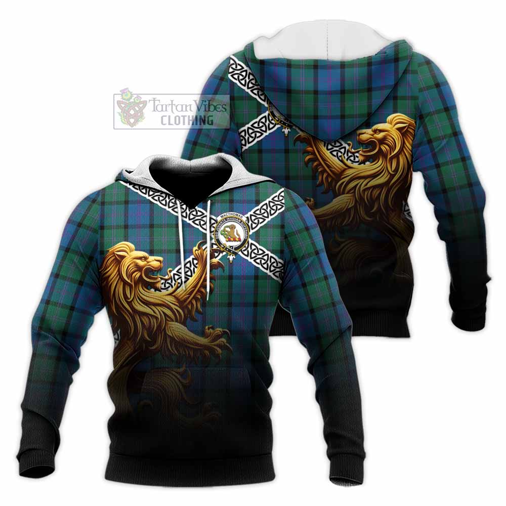 MacThomas (McThomas) Crest Tartan Knitted Hoodie with Golden Lion Emblem Celtic Style - Tartan Vibes Clothing