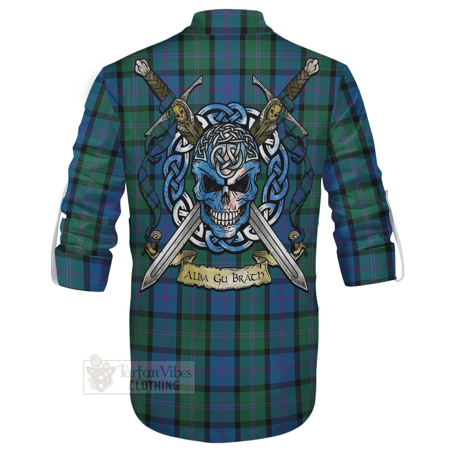 MacThomas (McThomas) Tartan Ghillie Kilt Shirt with Family Crest Celtic Skull Style - Tartan Vibes Clothing