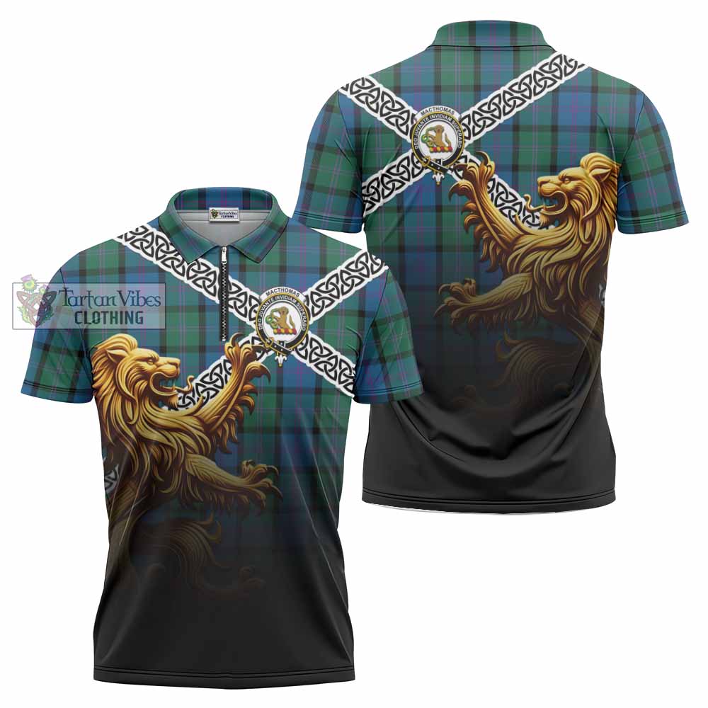 MacThomas (McThomas) Crest Tartan Zipper Polo Shirt with Golden Lion Emblem Celtic Style - Tartan Vibes Clothing
