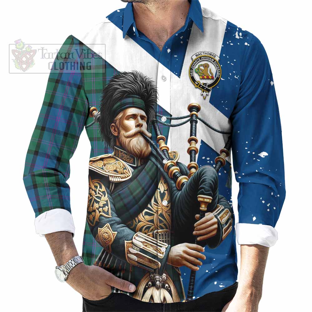 MacThomas (McThomas) Tartan Long Sleeve Button Shirt with Family Crest Scottish Bagpiper Vibes - Tartan Vibes Clothing
