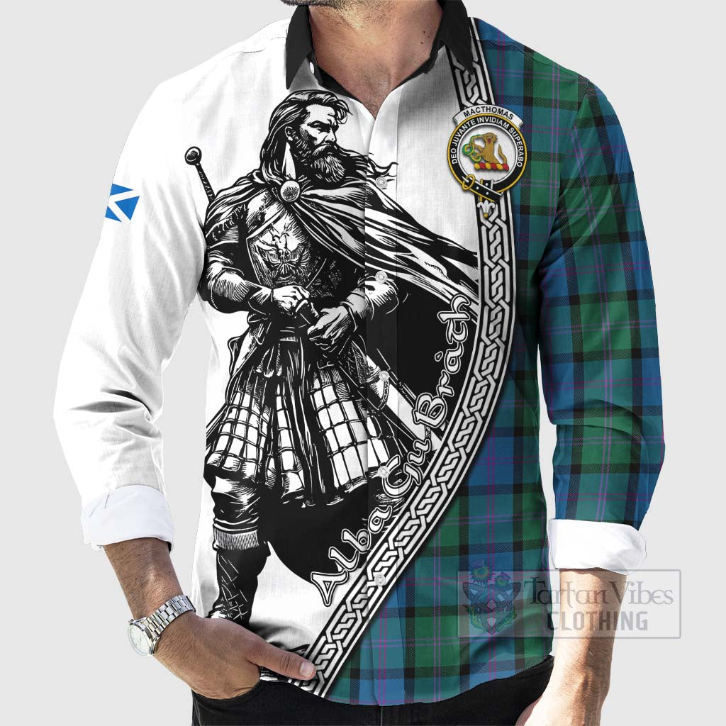 MacThomas (McThomas) Tartan Clan Crest Long Sleeve Button Shirt with Highlander Warrior Celtic Style - Tartan Vibes Clothing