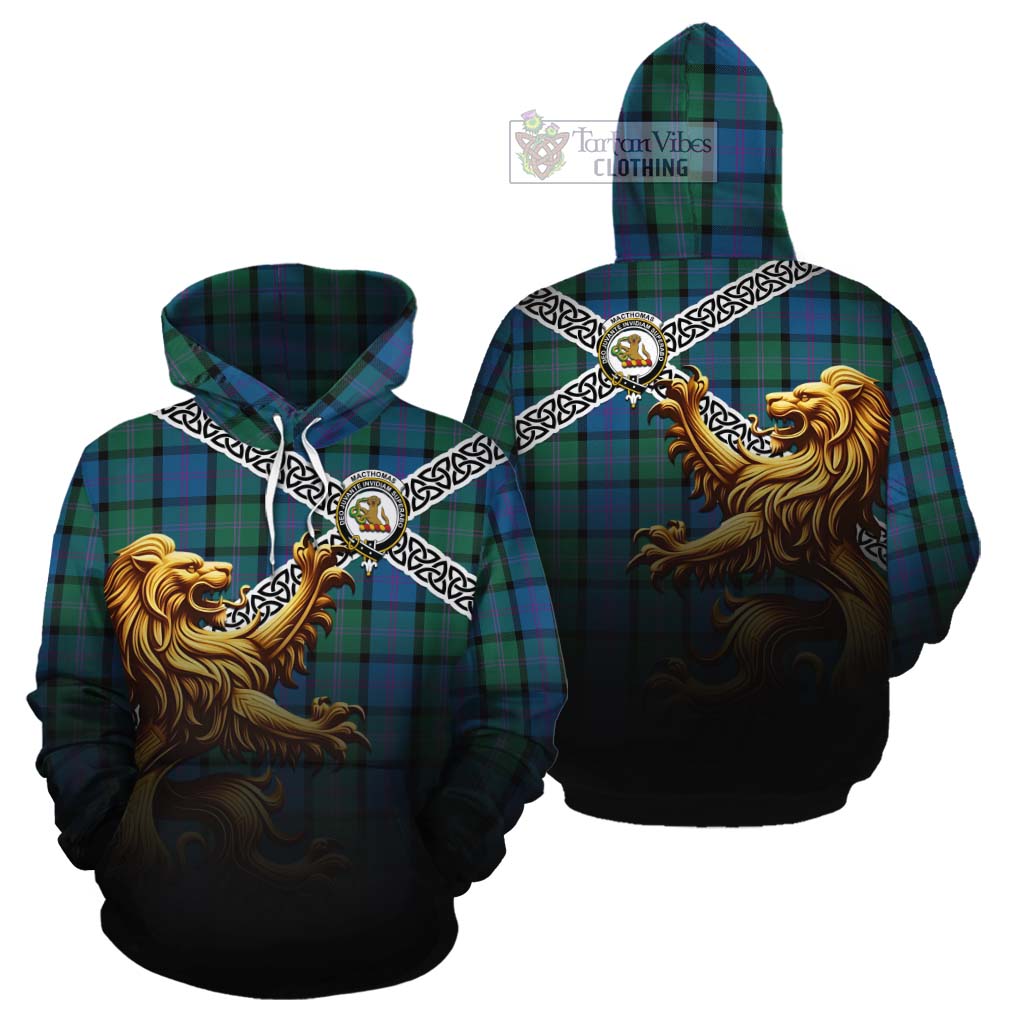 Tartan Vibes Clothing MacThomas (McThomas) Crest Tartan Cotton Hoodie with Golden Lion Emblem Celtic Style