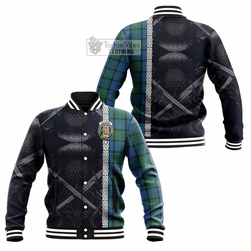 MacThomas (McThomas) Tartan Baseball Jacket with Family Crest Cross Sword Thistle Celtic Vibes - Tartan Vibes Clothing