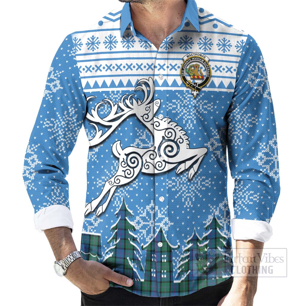 MacThomas (McThomas) Clan Christmas Long Sleeve Button Shirt Celtic Reindeer Style - Tartan Vibes Clothing