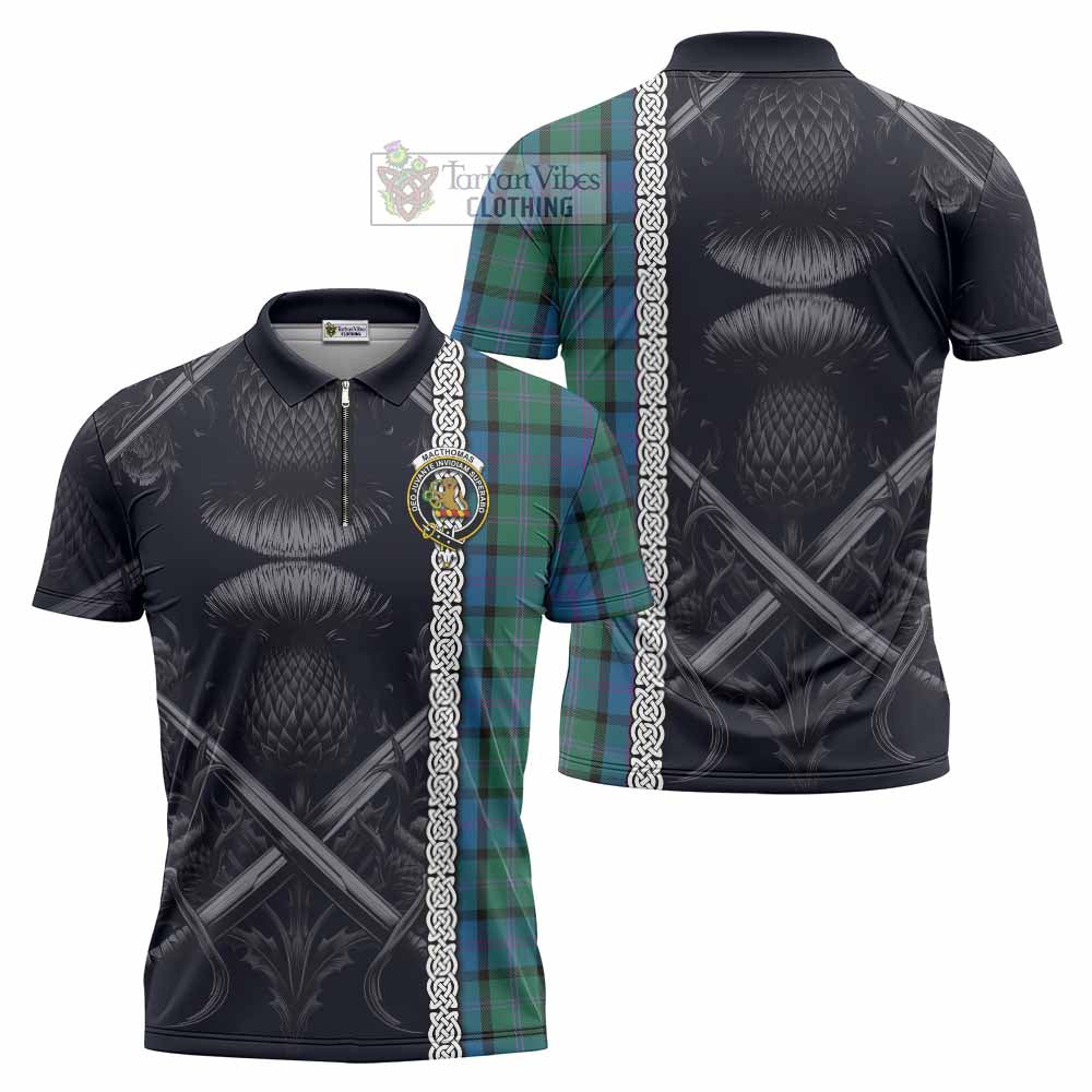 MacThomas (McThomas) Tartan Zipper Polo Shirt with Family Crest Cross Sword Thistle Celtic Vibes - Tartan Vibes Clothing