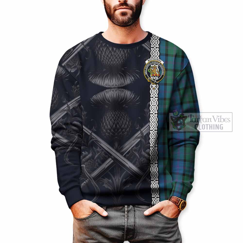 MacThomas (McThomas) Tartan Sweatshirt with Family Crest Cross Sword Thistle Celtic Vibes - Tartan Vibes Clothing