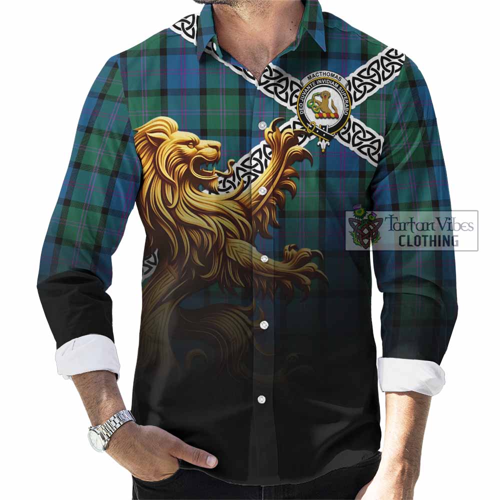 MacThomas (McThomas) Crest Tartan Long Sleeve Button Shirt with Golden Lion Emblem Celtic Style - Tartan Vibes Clothing