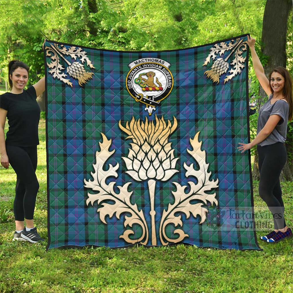 Tartan Vibes Clothing MacThomas (McThomas) Tartan Quilt with Family Crest and Golden Thistle Style