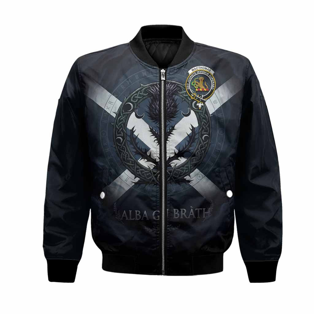 MacThomas (McThomas) Clan Crest Bomber Jacket with Celtic Knot Thistle and Saltire Unisex Black - Tartan Vibes Clothing