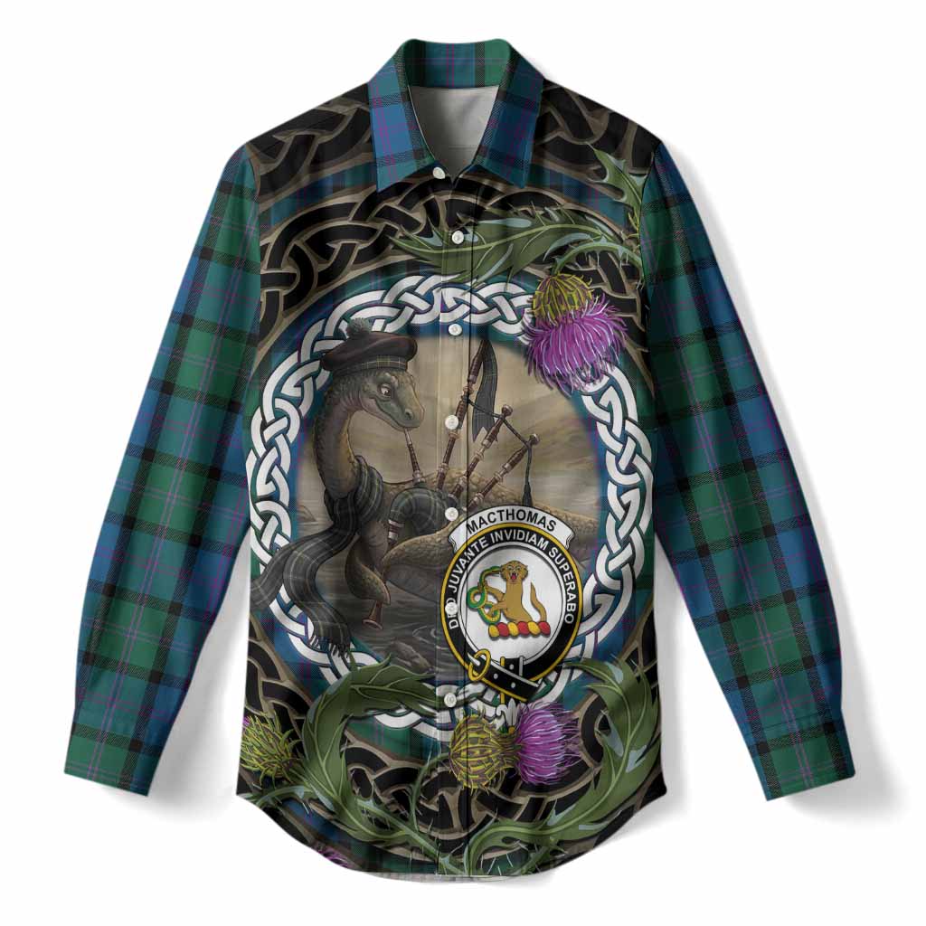 MacThomas (McThomas) Tartan Crest Bagpipe Nessie Women Casual Shirt Scottish Loch Ness Monster Celtic Thistle