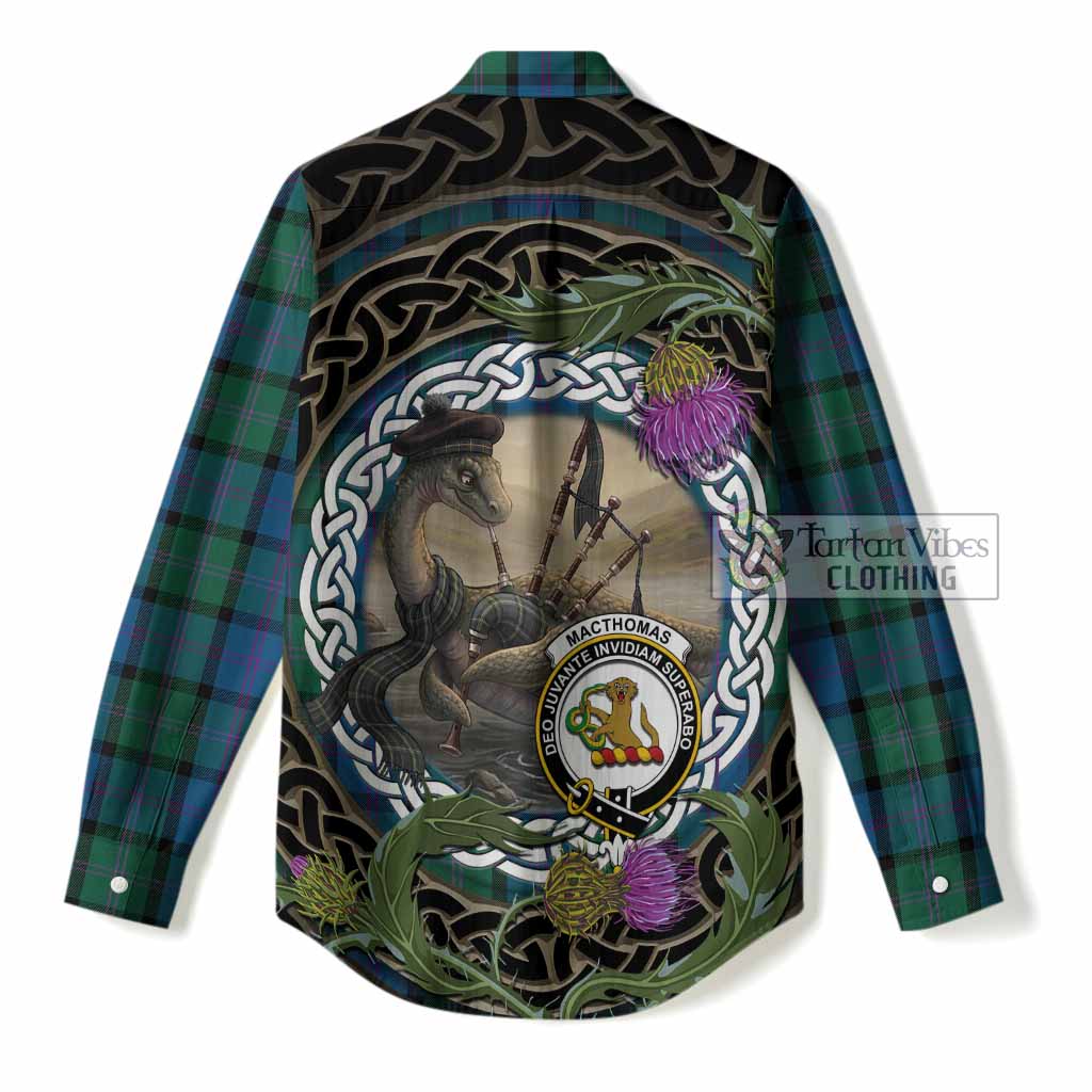 MacThomas (McThomas) Tartan Crest Bagpipe Nessie Women Casual Shirt Scottish Loch Ness Monster Celtic Thistle
