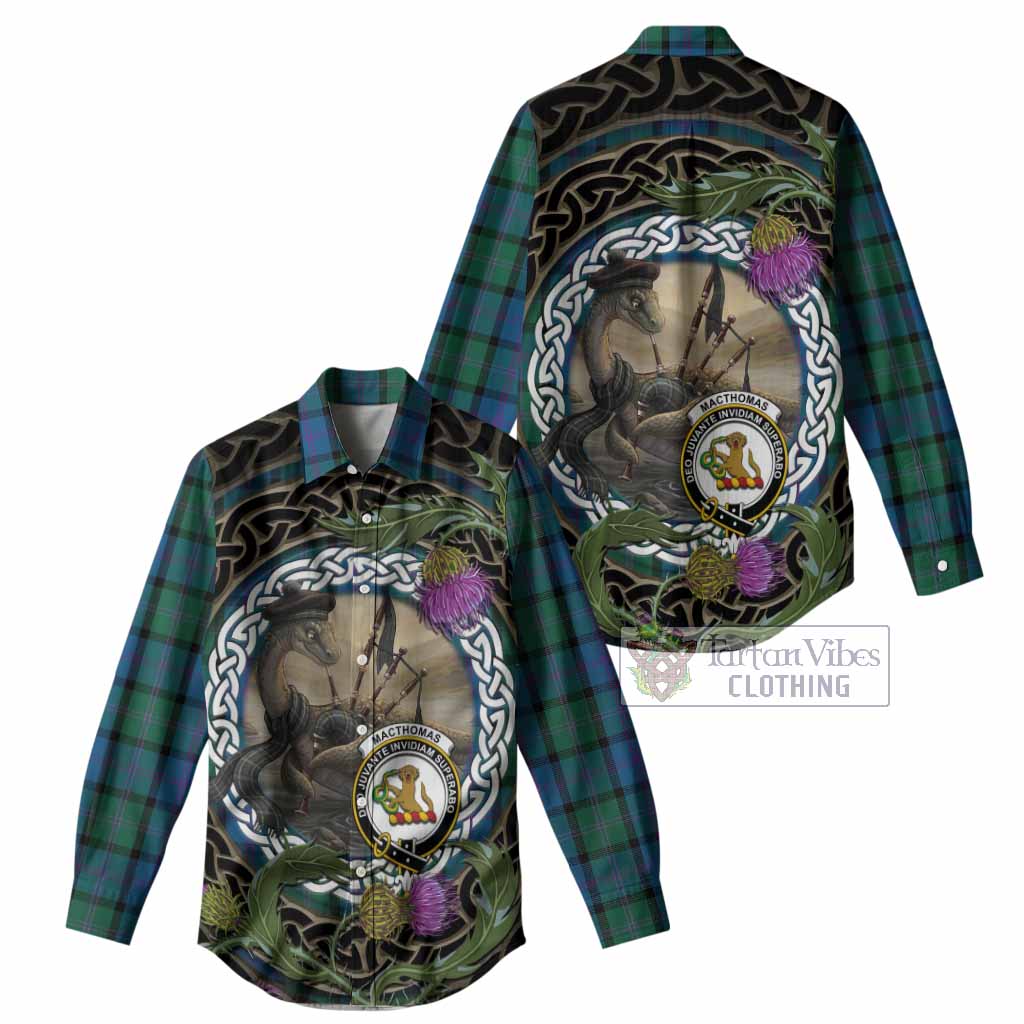MacThomas (McThomas) Tartan Crest Bagpipe Nessie Women Casual Shirt Scottish Loch Ness Monster Celtic Thistle