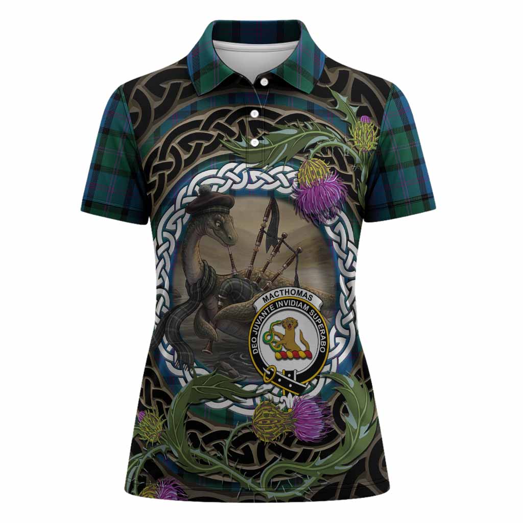MacThomas (McThomas) Tartan Crest Bagpipe Nessie Women Polo Shirt Scottish Loch Ness Monster Celtic Thistle