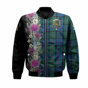 MacThomas (McThomas) Tartan Crest Thistle Floral Bomber Jacket Unisex Black - Tartan Vibes Clothing