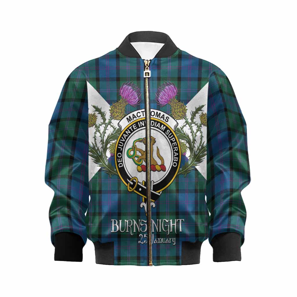MacThomas (McThomas) Tartan Family Crest Kid Bomber Jacket Scottish Burns Night Thistle Floral