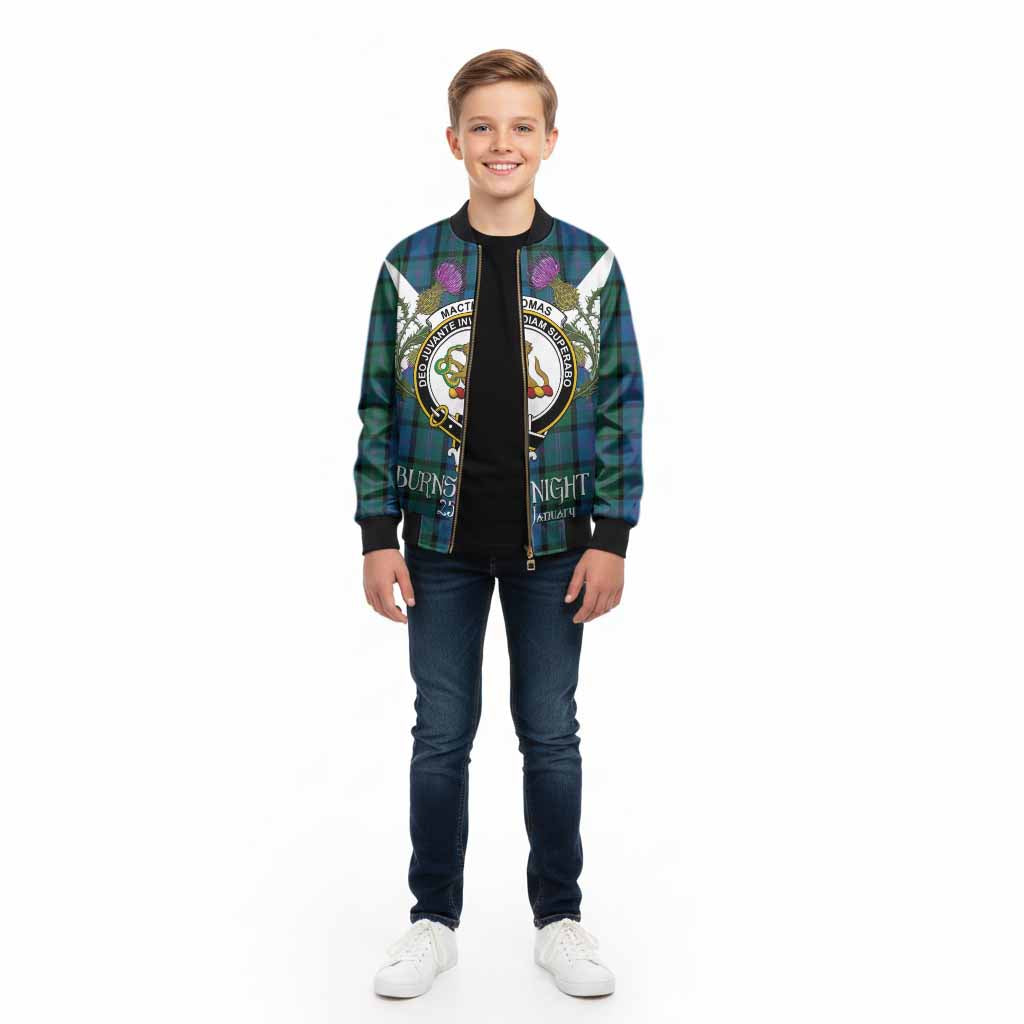 MacThomas (McThomas) Tartan Family Crest Kid Bomber Jacket Scottish Burns Night Thistle Floral