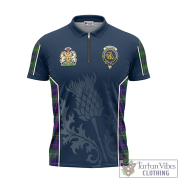 MacThomas Modern Tartan Zipper Polo Shirt with Family Crest and Scottish Thistle Vibes Sport Style