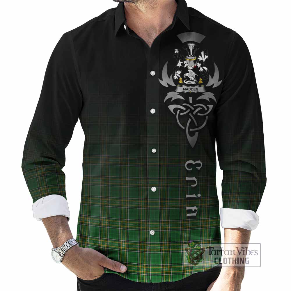 Tartan Vibes Clothing Madden Irish Clan Long Sleeve Button Shirt with Coat of Arms Erin Go Bragh Celtic Inspired