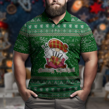 Maguire Modern Clan Christmas Family Polo Shirt with Funny Gnome Playing Bagpipes