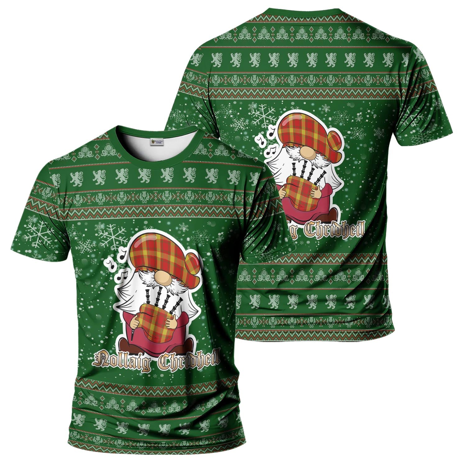 Maguire Modern Clan Christmas Family T-Shirt with Funny Gnome Playing Bagpipes Men's Shirt Green - Tartanvibesclothing