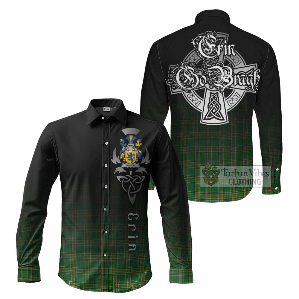 Tartan Vibes Clothing Mahon Irish Clan Long Sleeve Button Shirt with Coat of Arms Erin Go Bragh Celtic Inspired