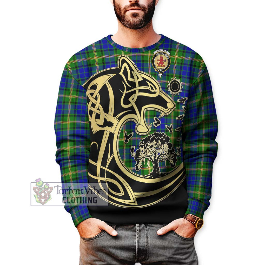 Maitland Tartan Sweatshirt with Family Crest Celtic Wolf Style Unisex - Tartan Vibes Clothing