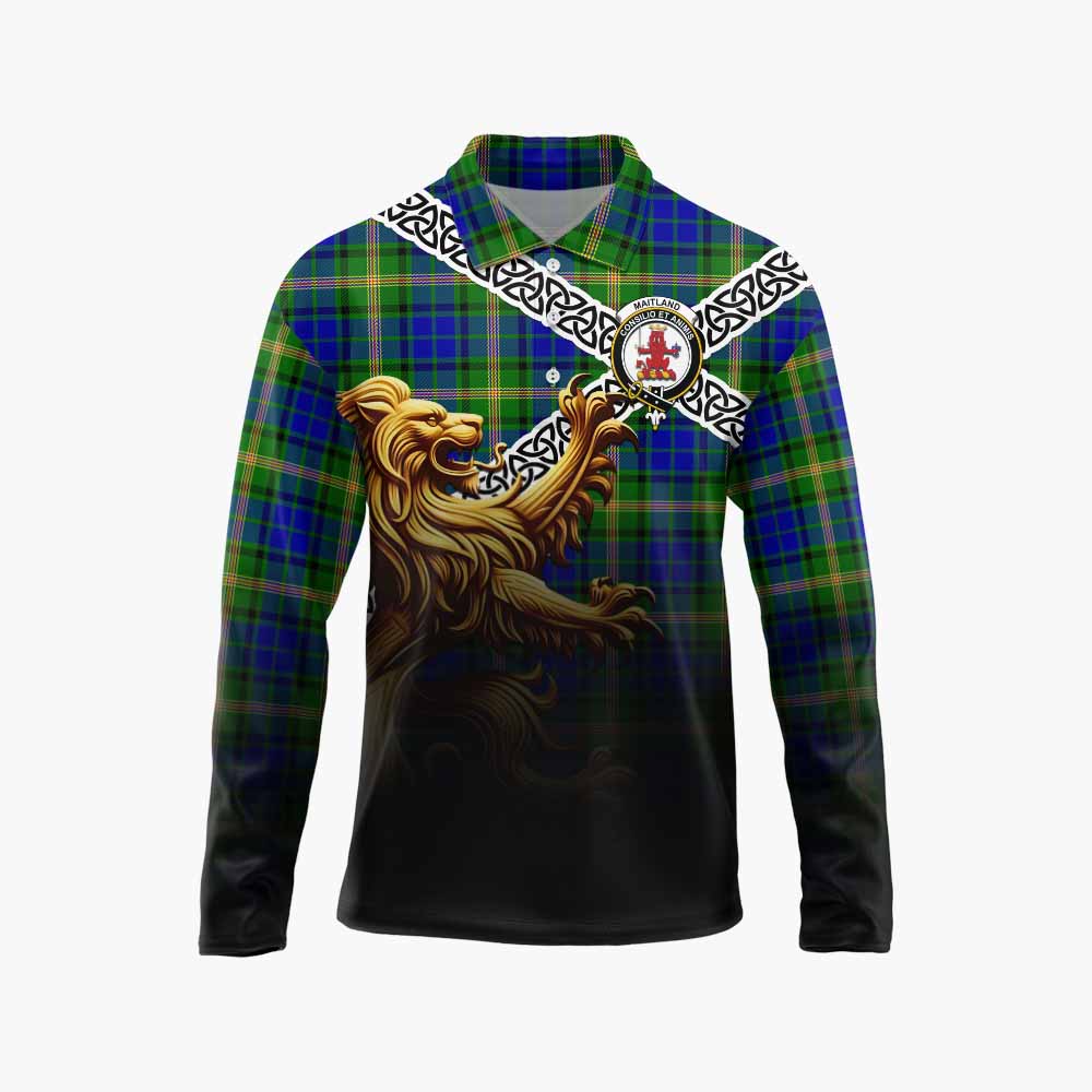 Tartan Vibes Clothing Maitland Crest Tartan Long Sleeve Polo Shirt with Golden Lion Emblem Celtic Style