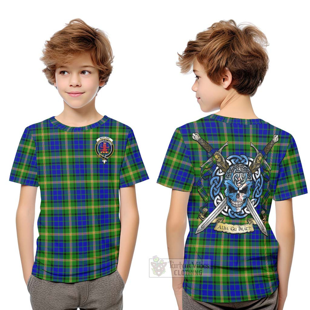 Tartan Vibes Clothing Maitland Tartan Kid T-Shirt with Family Crest Celtic Skull Style