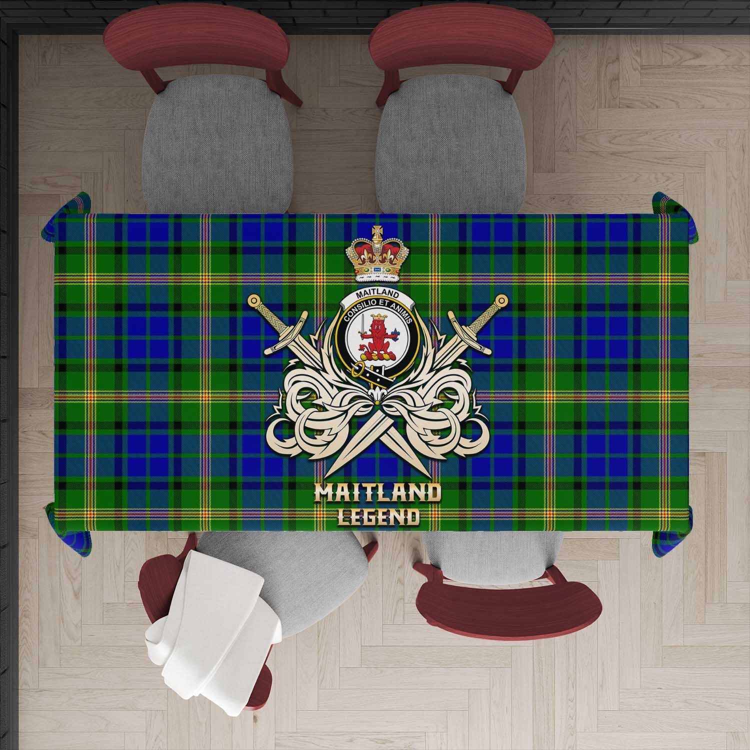 Tartan Vibes Clothing Maitland Tartan Tablecloth with Clan Crest and the Golden Sword of Courageous Legacy