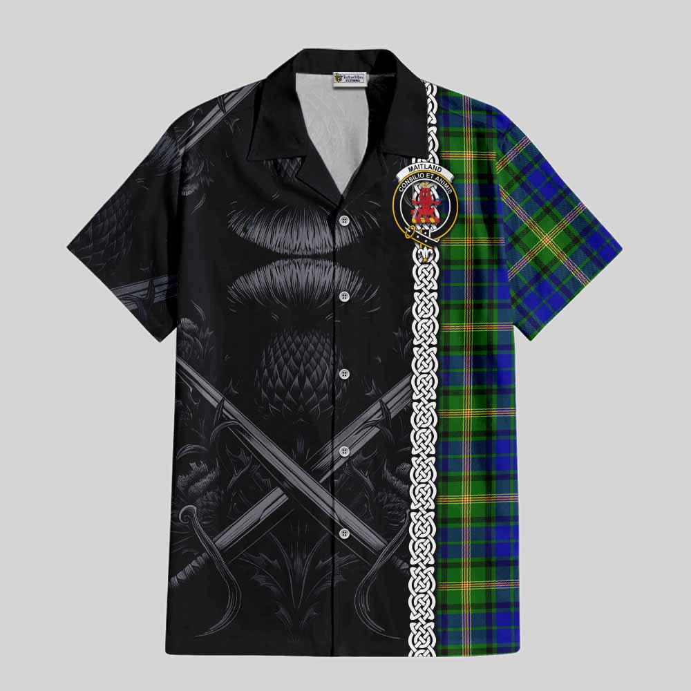 Tartan Vibes Clothing Maitland Tartan Short Sleeve Button Shirt with Family Crest Cross Sword Thistle Celtic Vibes