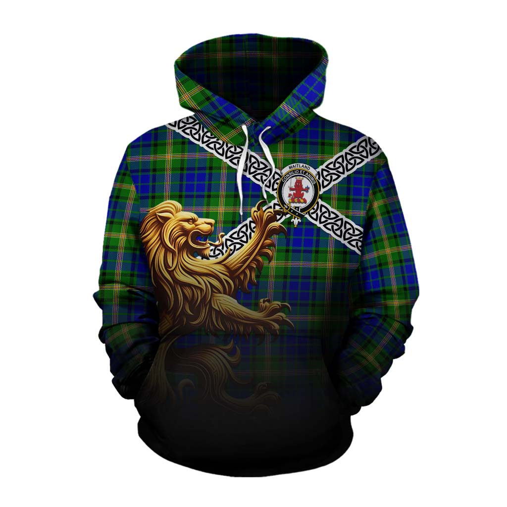 Tartan Vibes Clothing Maitland Crest Tartan Cotton Hoodie with Golden Lion Emblem Celtic Style