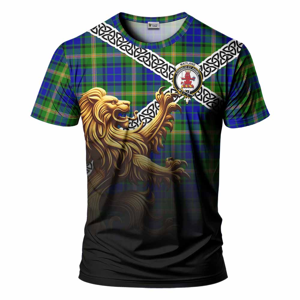 Tartan Vibes Clothing Maitland Crest Tartan T-Shirt with Golden Lion Emblem Celtic Style