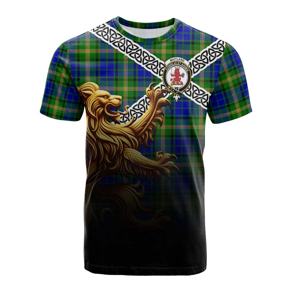 Tartan Vibes Clothing Maitland Crest Tartan Cotton T-shirt with Golden Lion Emblem Celtic Style