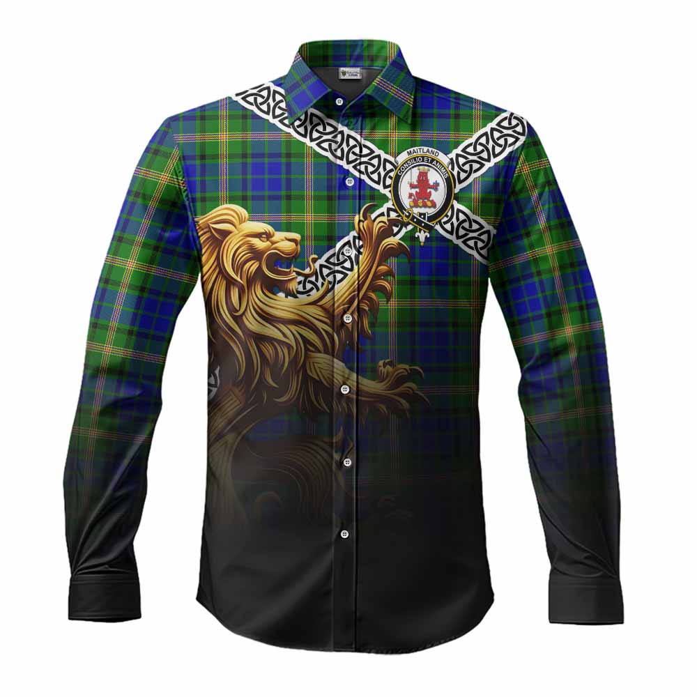 Tartan Vibes Clothing Maitland Crest Tartan Long Sleeve Button Shirt with Golden Lion Emblem Celtic Style