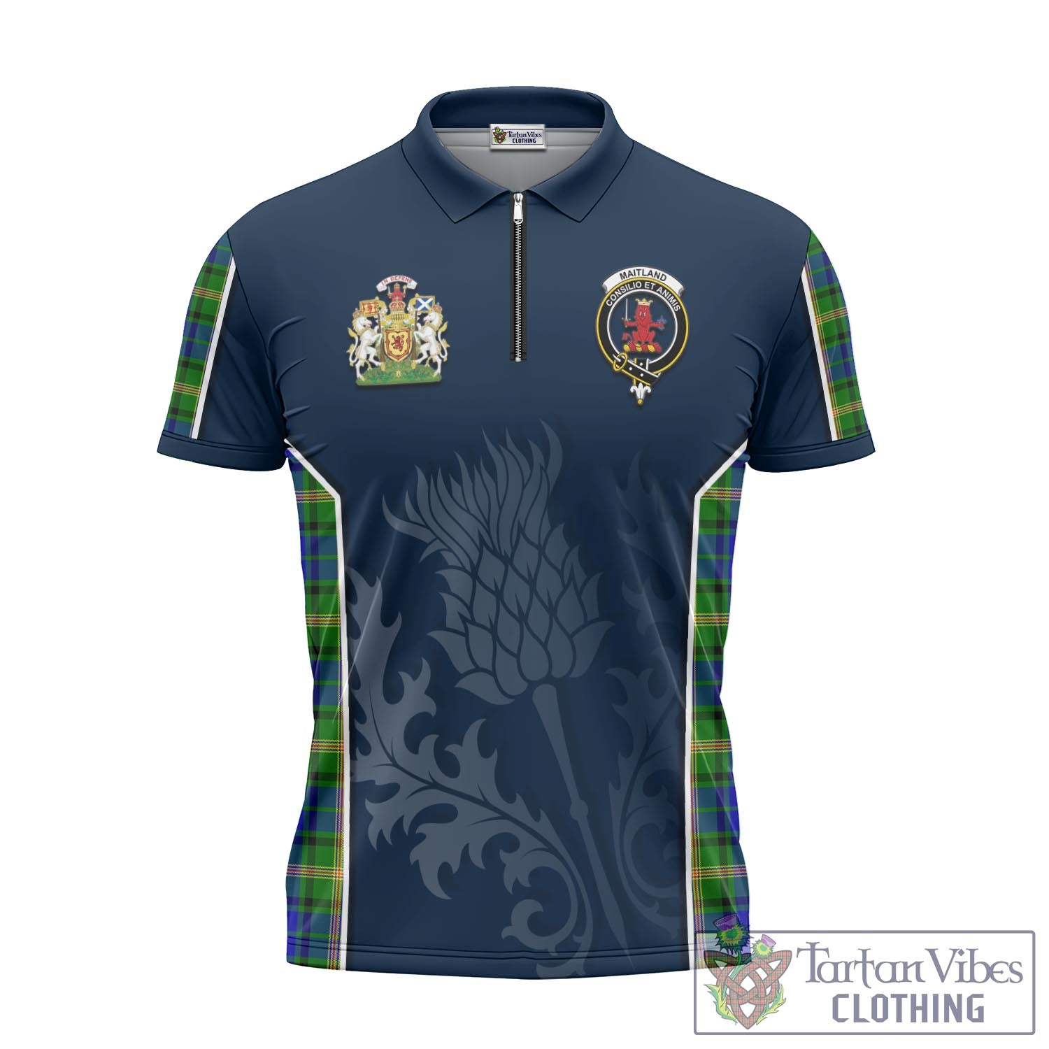 Tartan Vibes Clothing Maitland Tartan Zipper Polo Shirt with Family Crest and Scottish Thistle Vibes Sport Style