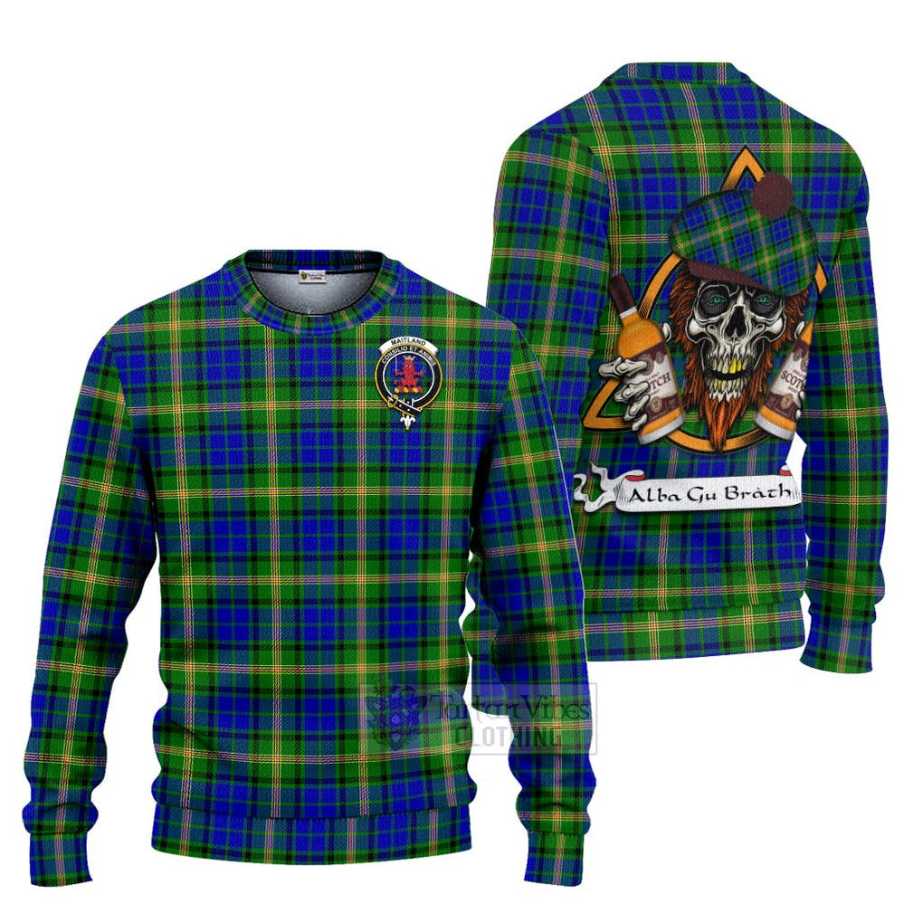 Tartan Vibes Clothing Maitland Tartan Knitted Sweater with Family Crest and Bearded Skull Holding Bottles of Whiskey