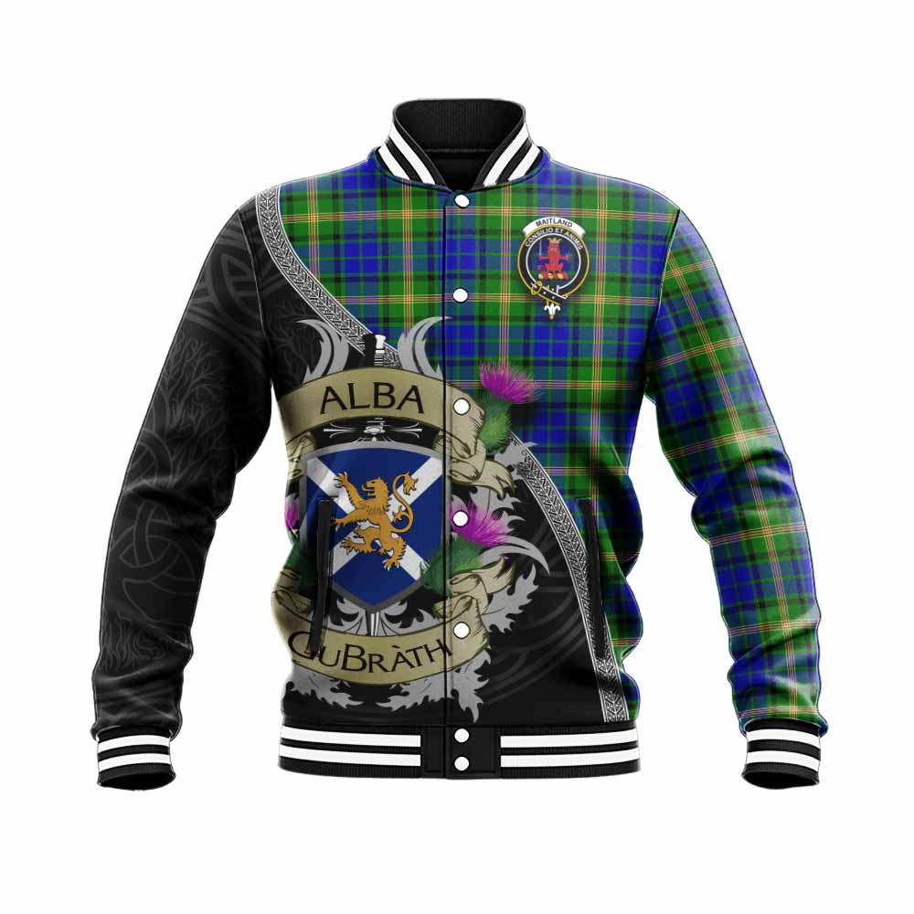 Tartan Vibes Clothing Maitland Tartan Family Crest Baseball Jacket Lion Rampant Royal Thistle Shield Celtic Inspired