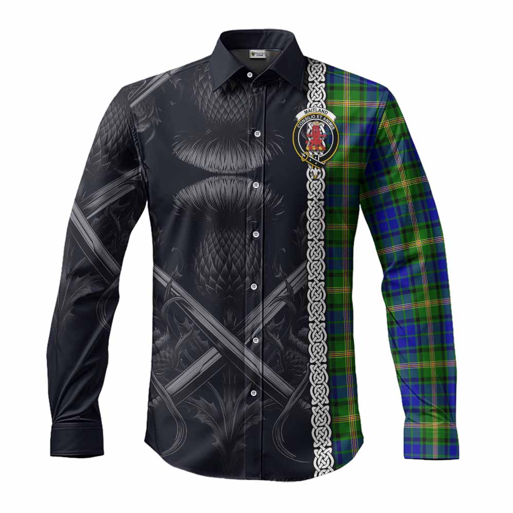 Tartan Vibes Clothing Maitland Tartan Long Sleeve Button Shirt with Family Crest Cross Sword Thistle Celtic Vibes