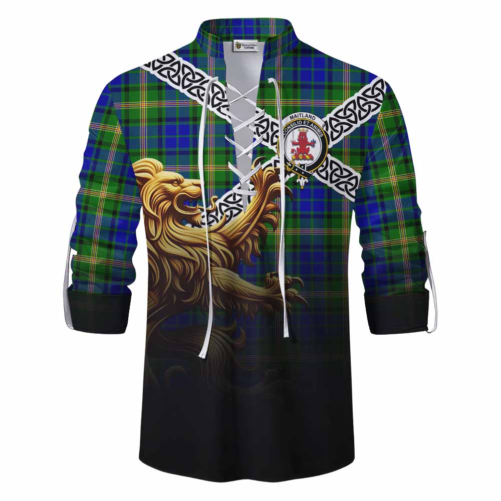 Tartan Vibes Clothing Maitland Crest Tartan Ghillie Kilt Shirt with Golden Lion Emblem Celtic Style