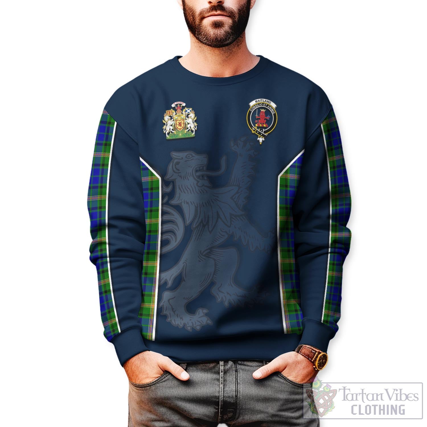 Tartan Vibes Clothing Maitland Tartan Sweater with Family Crest and Lion Rampant Vibes Sport Style