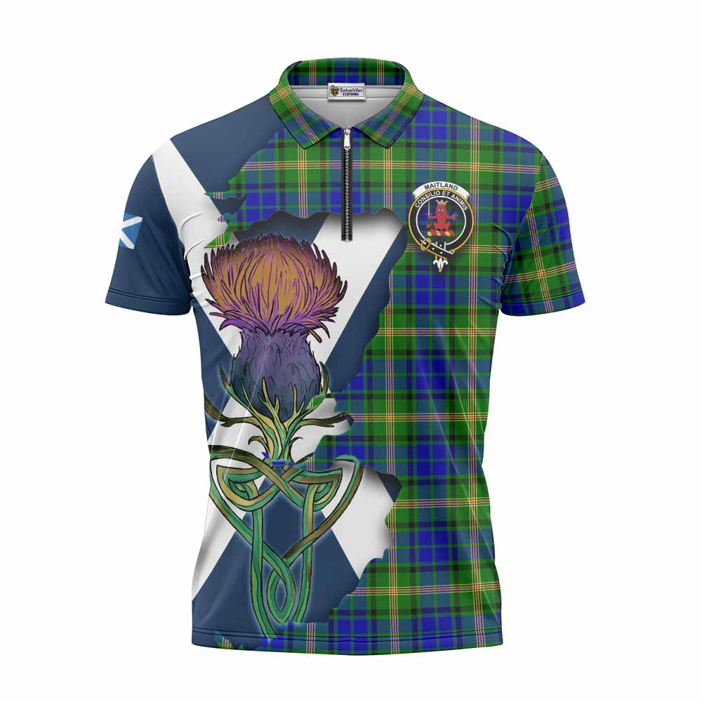 Tartan Vibes Clothing Maitland Tartan Family Crest Zipper Polo Shirt Scottish Thistle Celtic Inspired
